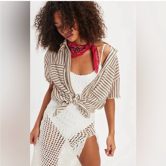 Free People Christopher Linen Shirt oversized tan black classic small new - Picture 2 of 16